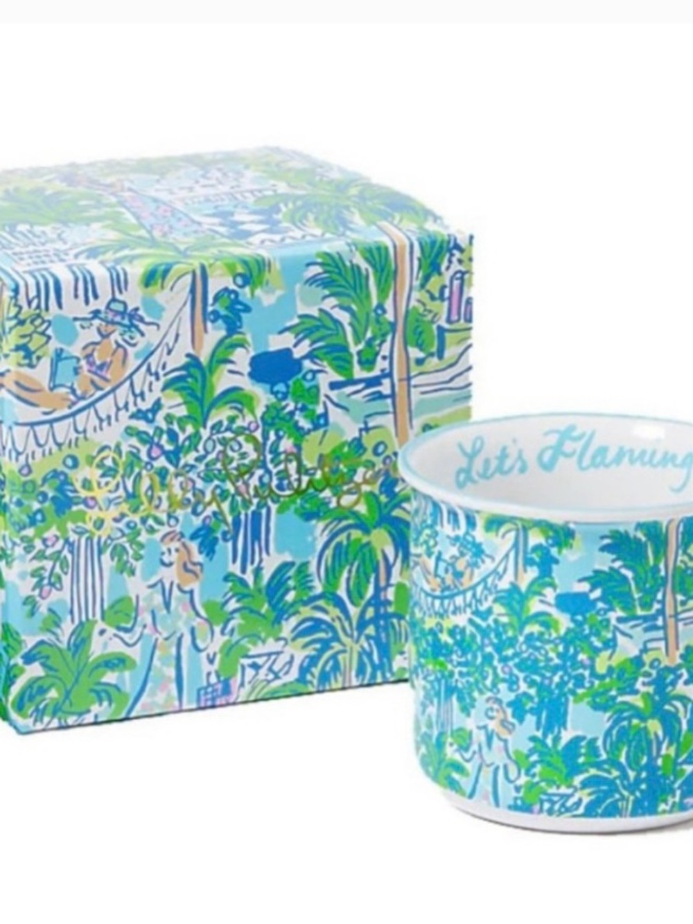 NWT—-Lilly Pulitzer Tropical Palm Pattern Ceramic Mug in Aqua, Green & Pink